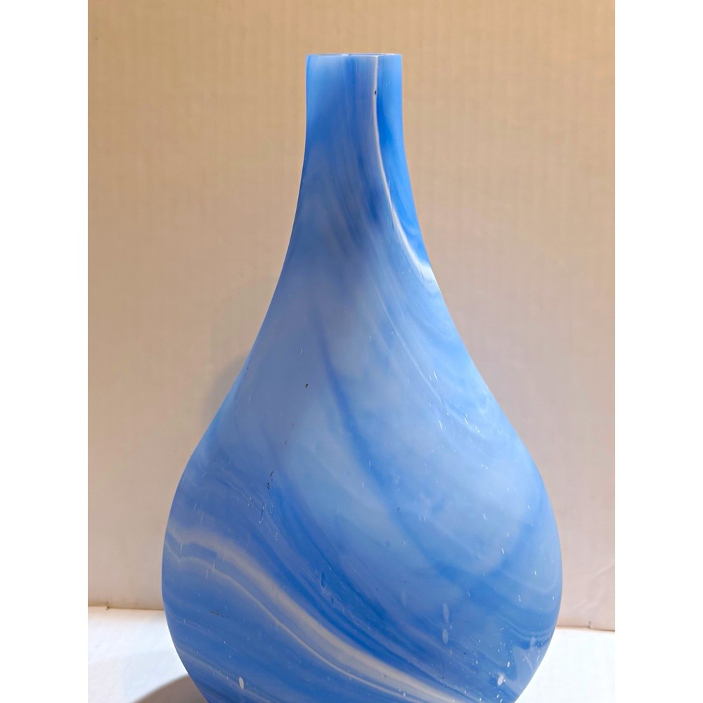 Large 15" Hand-Blown Art Glass Vase - Blue & White Swirl Coastal (Made in India)